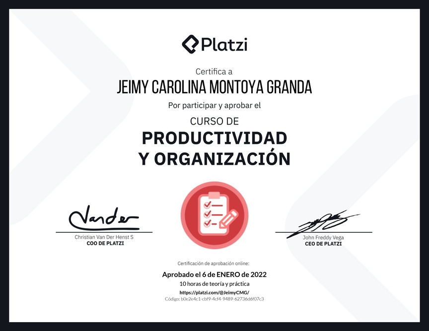 Diploma del Curso de Productividad y Organización