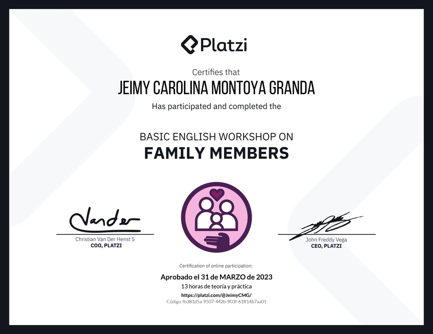 Diploma del Curso de Inglés Práctico sobre los Miembros de la Familia