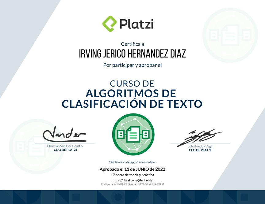 Diploma del Curso de Algoritmos de Clasificación de Texto