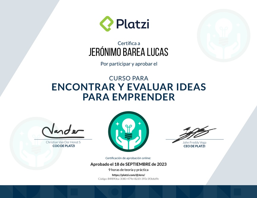 Diploma del Curso para Encontrar y Evaluar Ideas para Emprender