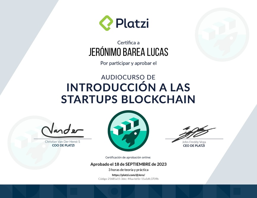 Diploma de Audiocurso de Introducción a las Startups Blockchain
