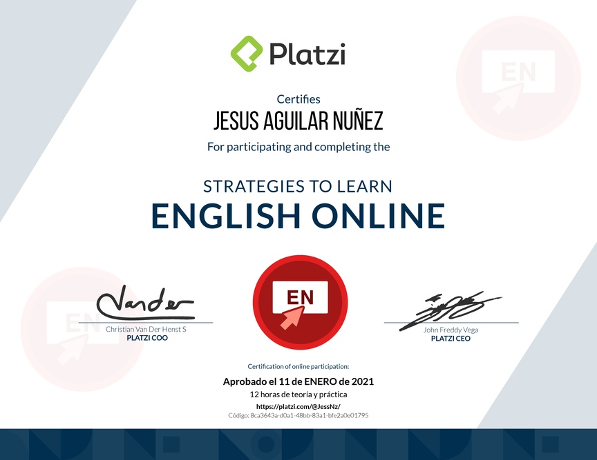 Diploma del Curso de Estrategias para Aprender Inglés Online 2020
