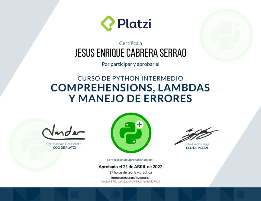Diploma del Curso de Python Intermedio: Comprehensions, Lambdas y Manejo de Errores
