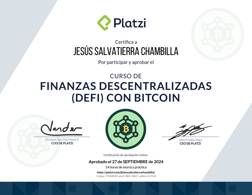 Diploma del Curso de Finanzas Descentralizadas con Bitcoin