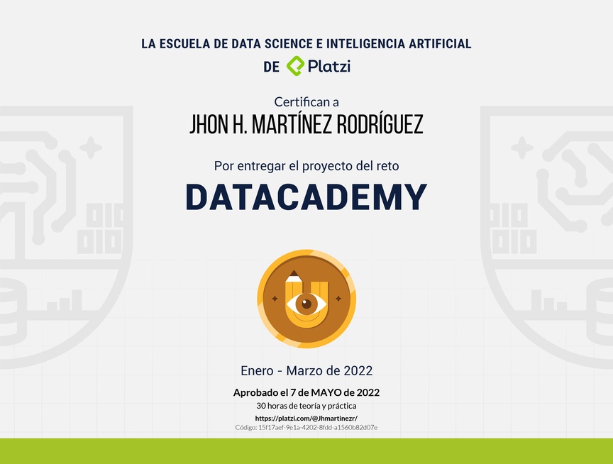 Diploma de Proyecto del #PlatziChallenge Datacademy 2022