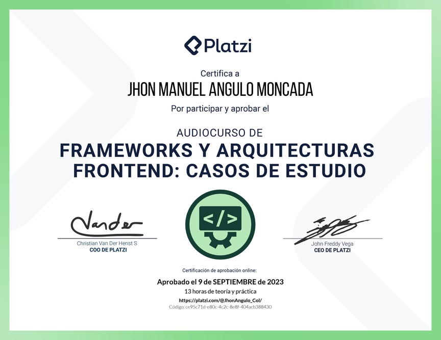 Diploma de Audiocurso de Frameworks y Arquitecturas Frontend: Casos de Estudio