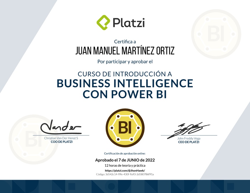Diploma del Curso de Introducción a Business Intelligence con Power BI