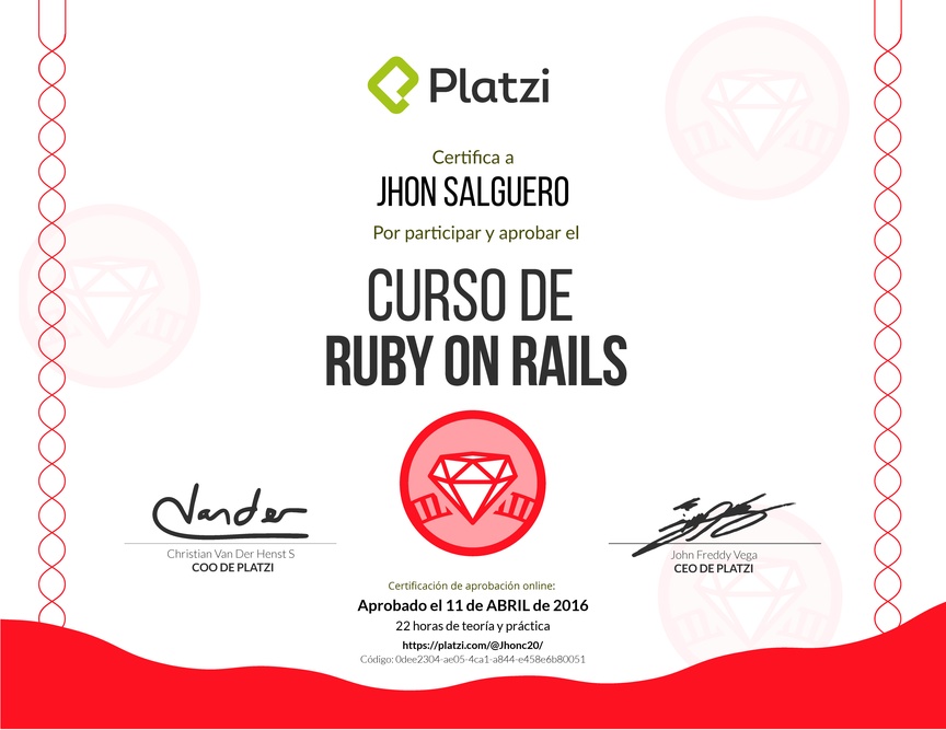 Diploma del Curso de Ruby on Rails 2017