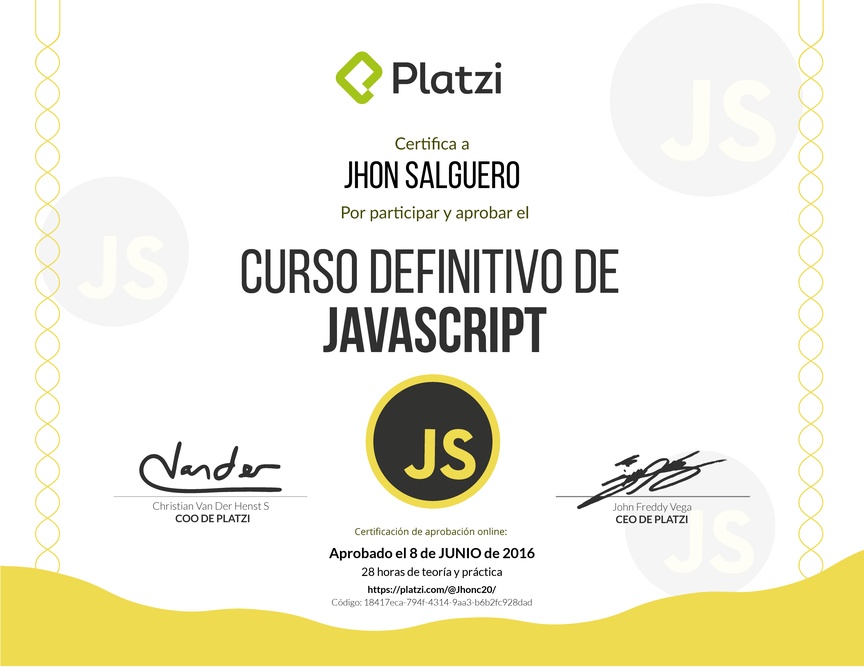 Diploma del Curso Definitivo de JavaScript 2016