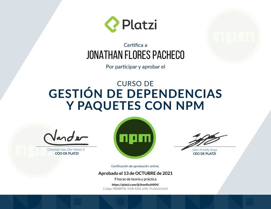 Diploma del Curso de Gestión de Dependencias y Paquetes con NPM