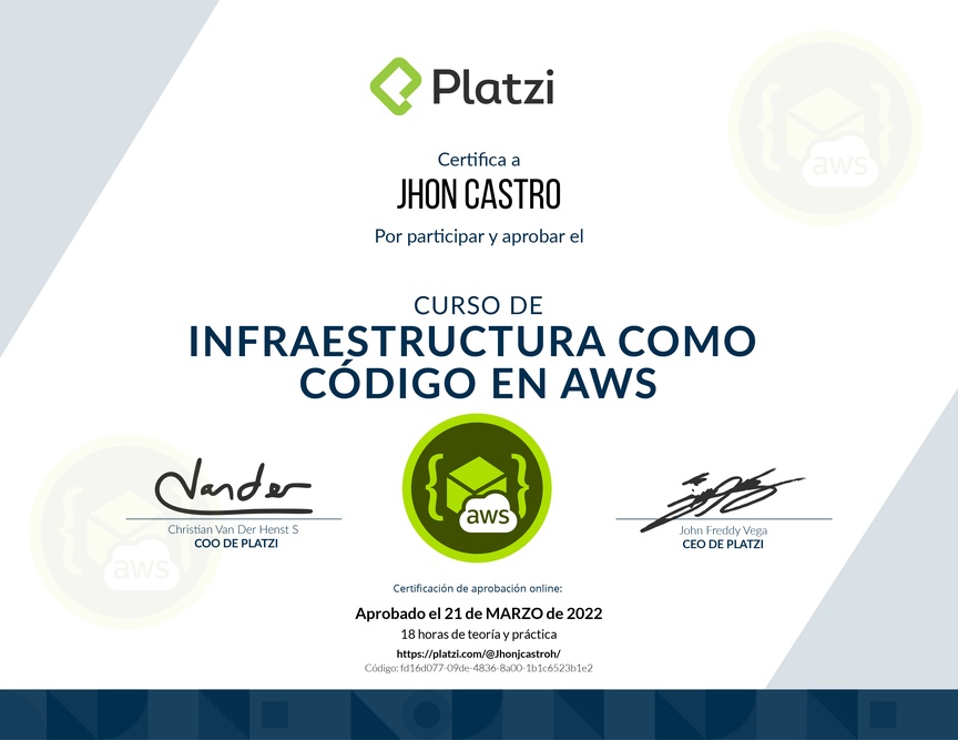 Diploma del Curso de Infraestructura Como Código en AWS