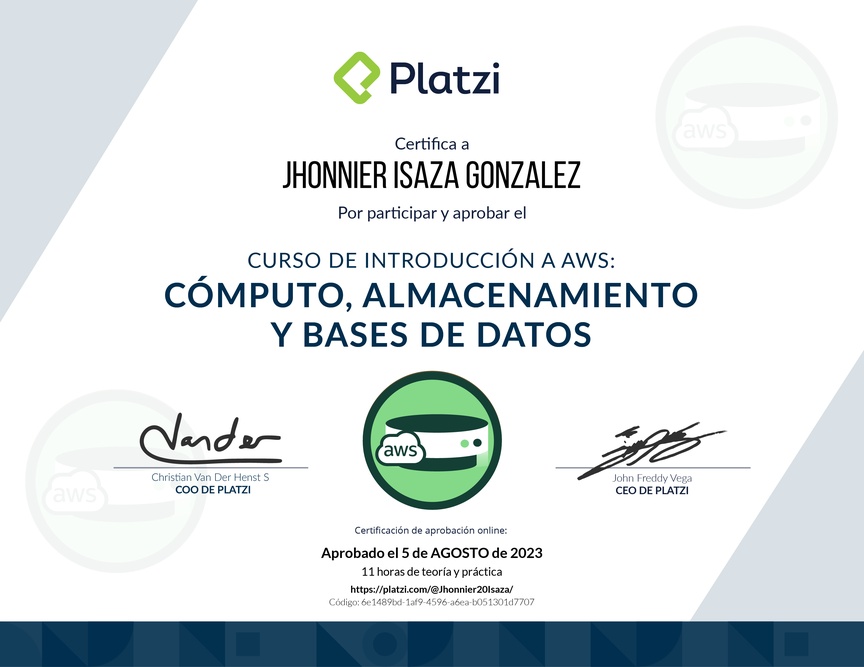 Diploma del Curso de Introducción a AWS: Cómputo, Almacenamiento y Bases de Datos