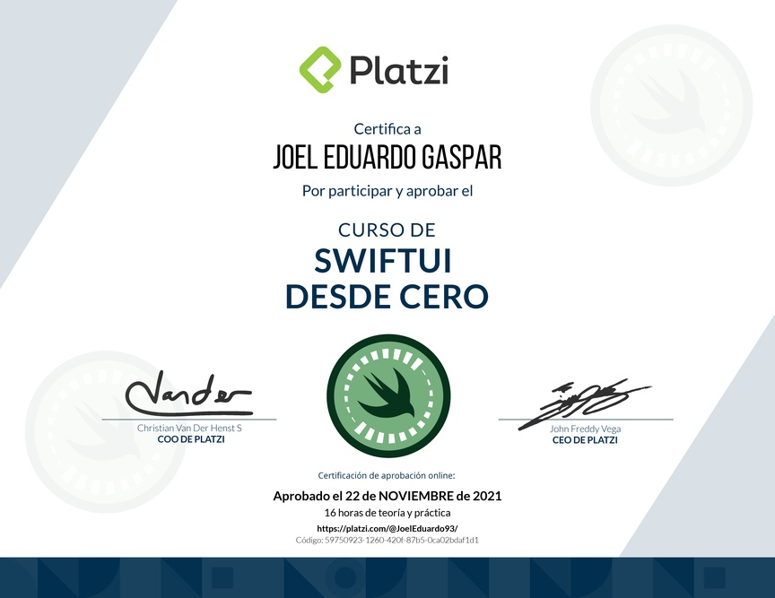 Diploma del Curso de SwiftUI desde Cero (2021)
