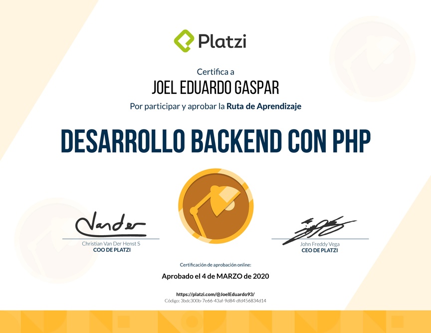 Diploma de la Ruta de Aprendizaje de Desarrollo Web Backend con PHP