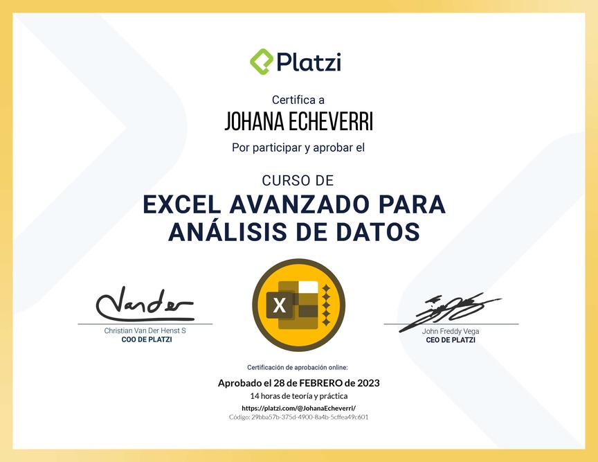 Diploma del Curso de Excel Avanzado para Análisis de Datos