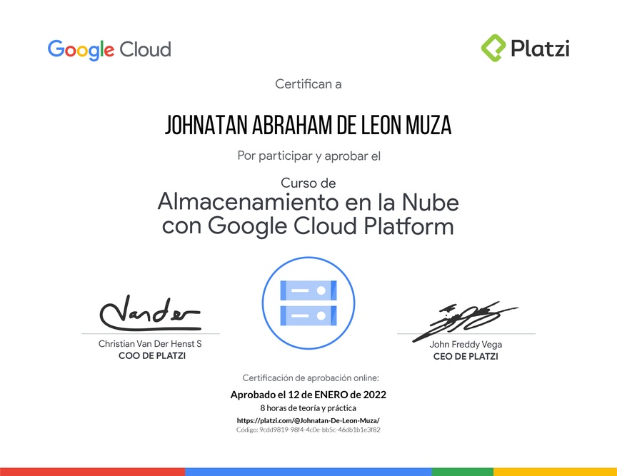 Diploma del Curso de Almacenamiento en la Nube con Google Cloud Platform
