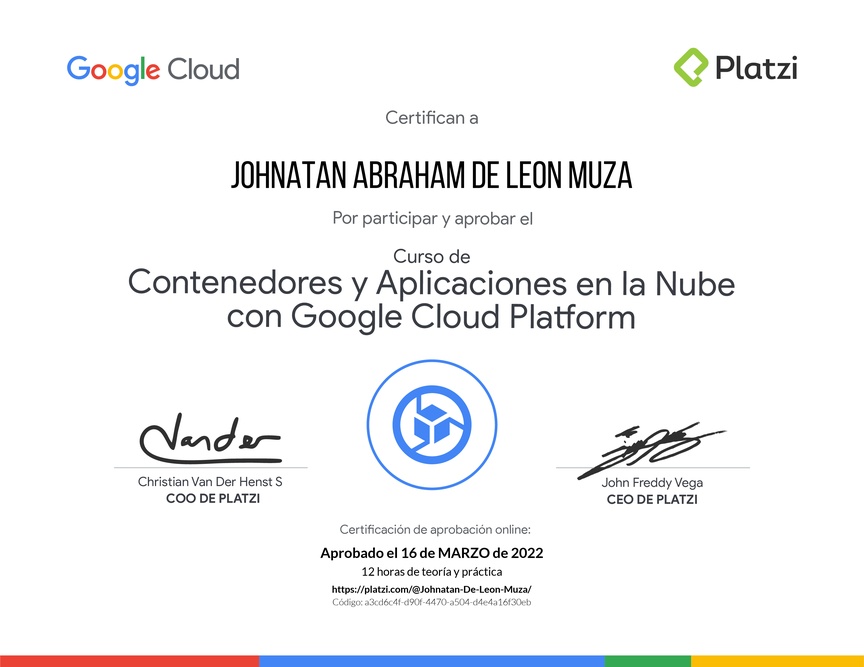 Diploma del Curso de Contenedores y Aplicaciones en la Nube con Google Cloud Platform