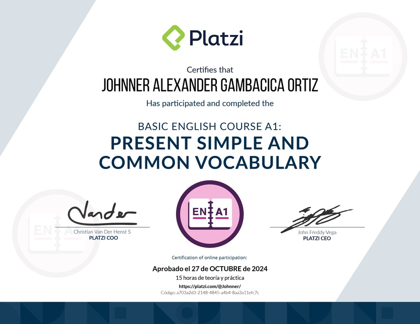 Diploma del Curso de Inglés Básico A1: Presente Simple y Vocabulario Común (2021)