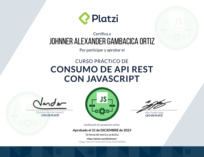 Diploma del Curso de API REST con Javascript: Ejemplos con APIs reales