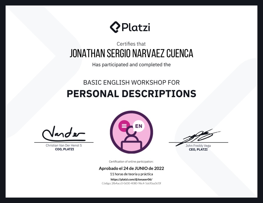 Diploma del Curso de Inglés Práctico para Descripciones Personales (2020=