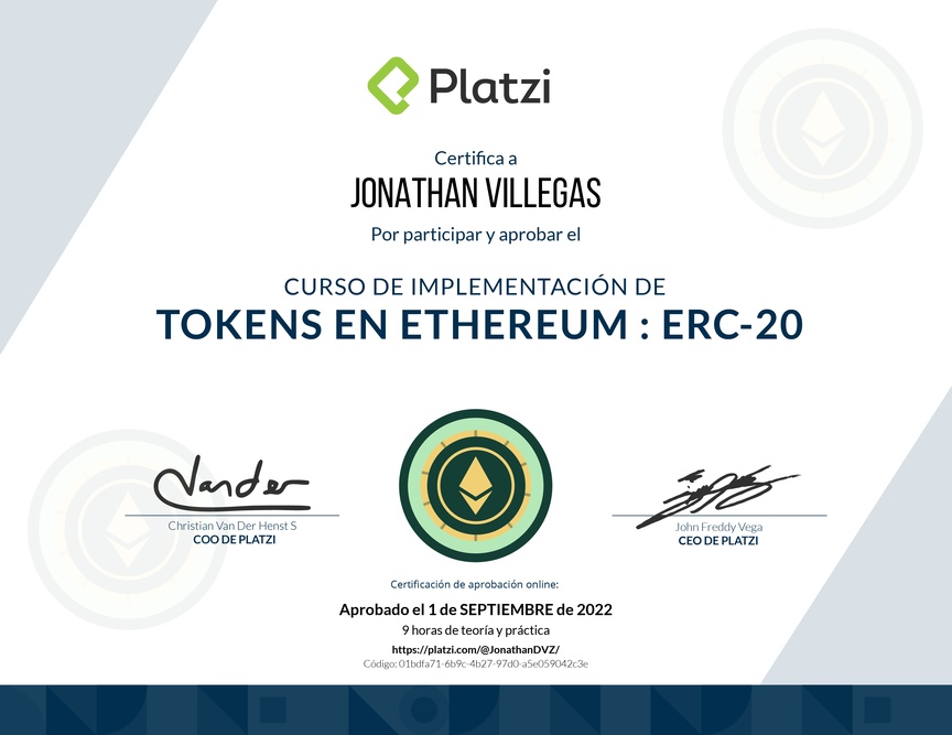 Diploma del Curso de Tokens en Ethereum: Implementación con ERC-20