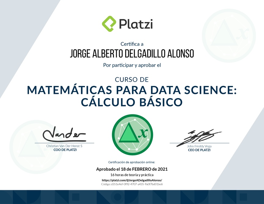 Diploma del Curso de Matemáticas para Data Science: Cálculo Básico