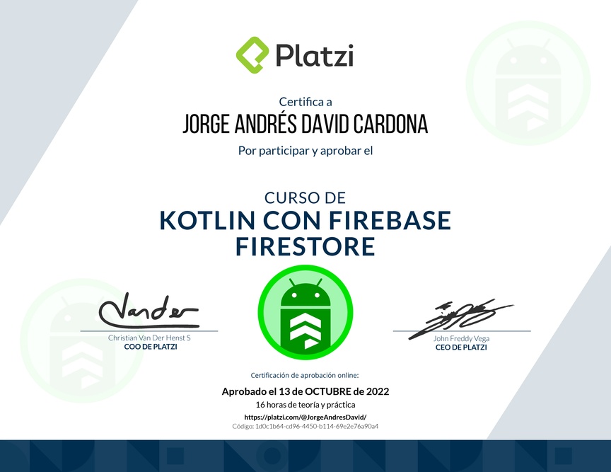 Diploma del Curso de Kotlin con Firebase Firestore