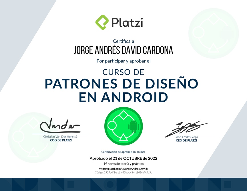 Diploma del Curso de Patrones de Diseño en Android