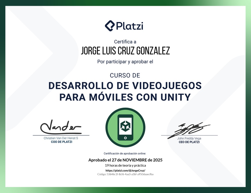 Diploma del Curso de Desarrollo de Videojuegos Móviles con Unity