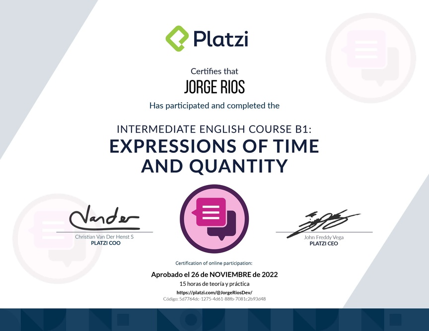 Diploma del Curso de Inglés Intermedio: Expresiones de Tiempo y Cantidad 2021