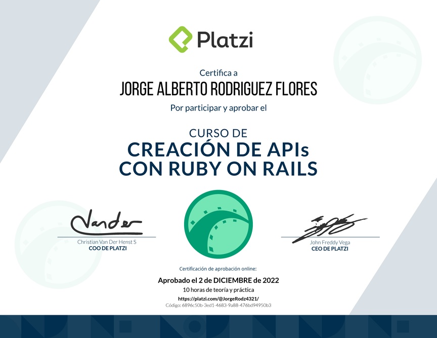 Diploma del Curso de Creación de APIs con Ruby on Rails