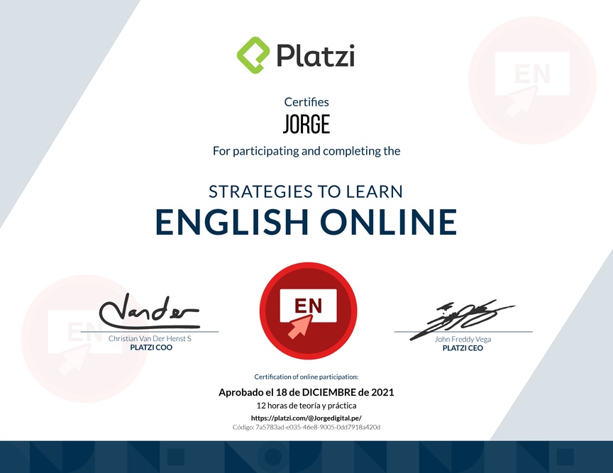 Diploma del Curso de Estrategias para Aprender Inglés Online 2020
