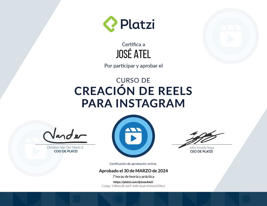 Diploma del Curso de Creación de Videos para Instagram