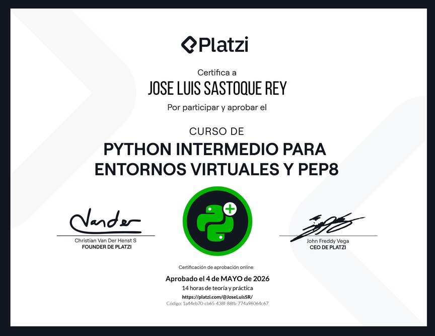 Diploma del Curso de Python Intermedio para Entornos virtuales y PEP8