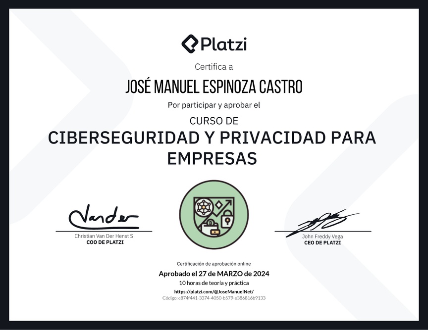 Diploma del Curso de Ciberseguridad y Privacidad Empresarial (2023)