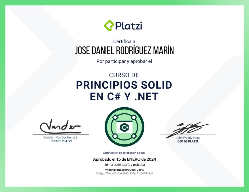 Diploma del Curso de Principios SOLID en C# y .NET