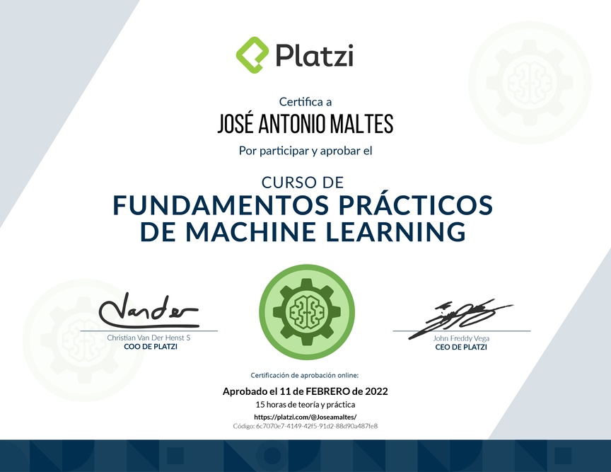 Diploma del Curso de Fundamentos Prácticos de Machine Learning