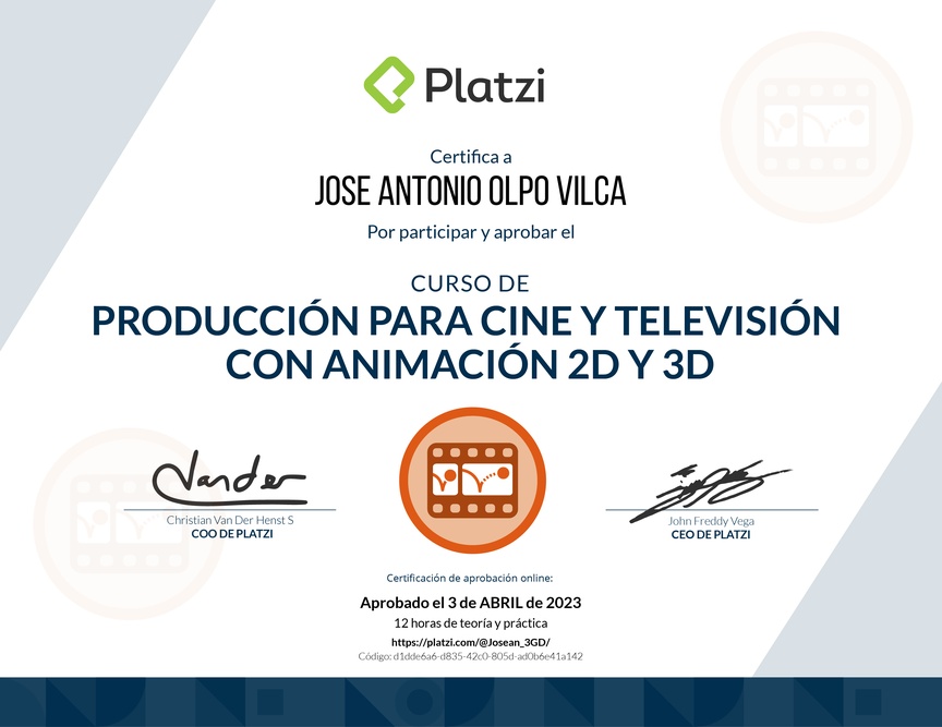 Diploma del Curso de Producción para Cine y Televisión con Animación 2D y 3D
