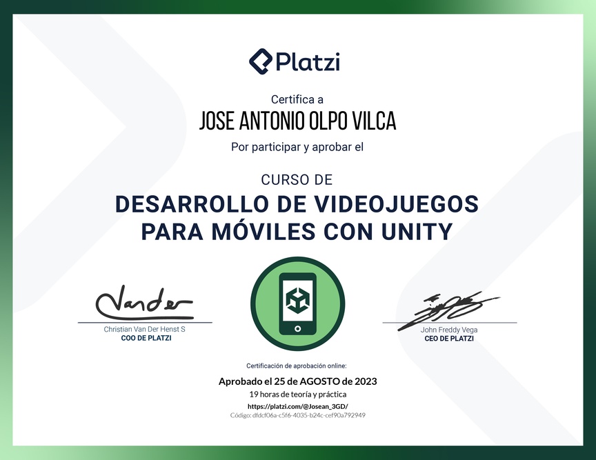 Diploma del Curso de Desarrollo de Videojuegos Móviles con Unity