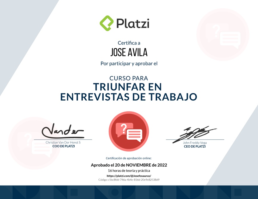 Diploma del Curso para Triunfar en Entrevistas de Trabajo