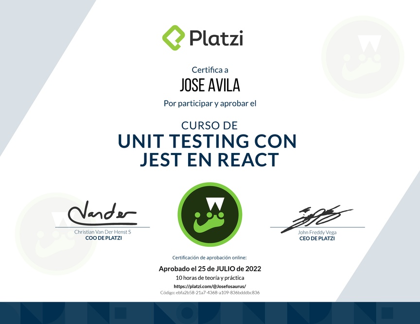 Diploma del Curso de Unit Testing con Jest en React