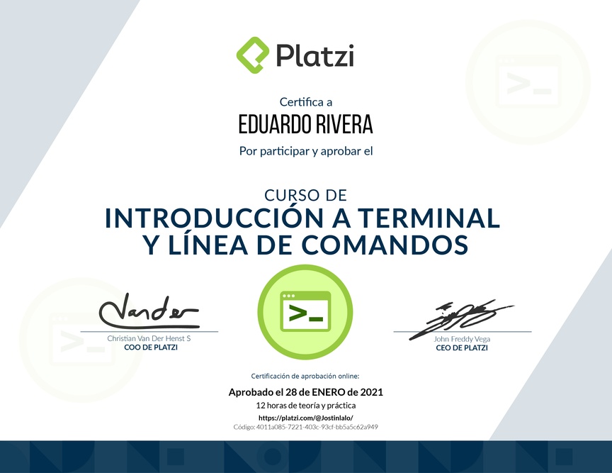 Diploma del Curso de Introducción a la Terminal y Línea de Comandos 2019