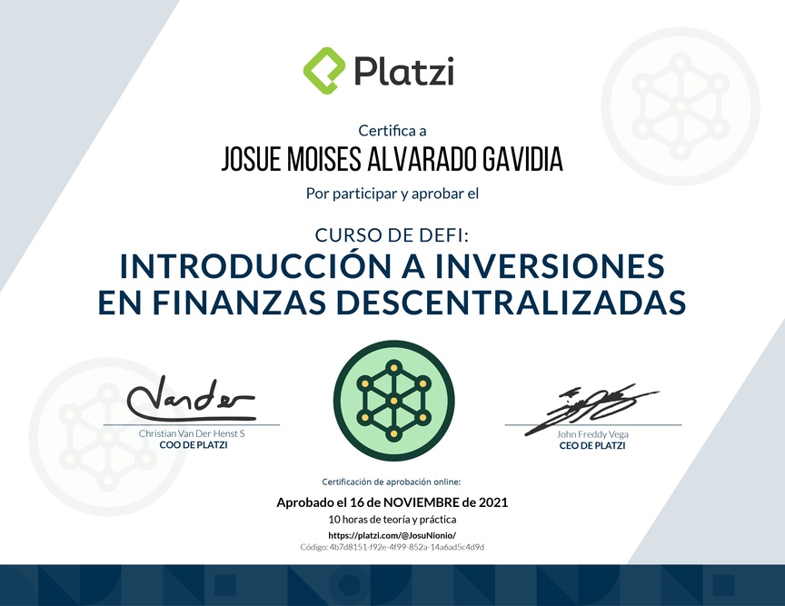 Diploma del Curso de DeFi: Introducción a Inversiones en Finanzas Descentralizadas