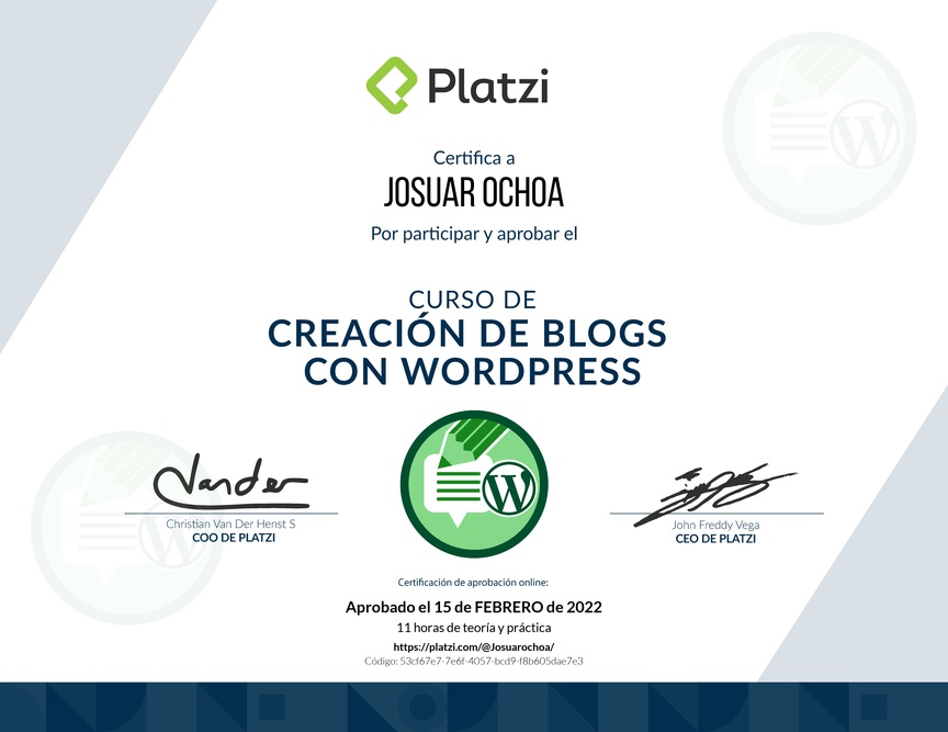 Diploma del Curso de Creación de Blogs con WordPress