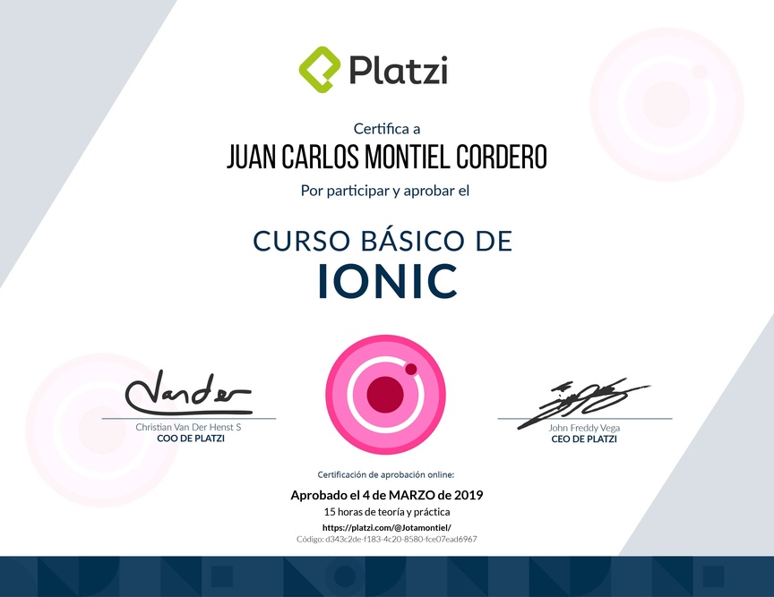 Diploma del Curso Básico de Ionic 2018
