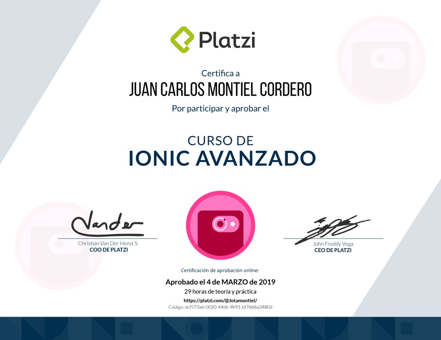 Diploma del Curso de Ionic Avanzado 2017