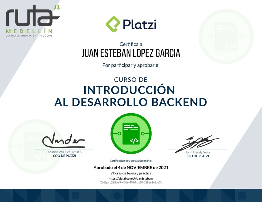 Diploma del Curso de Introducción al Desarrollo Backend