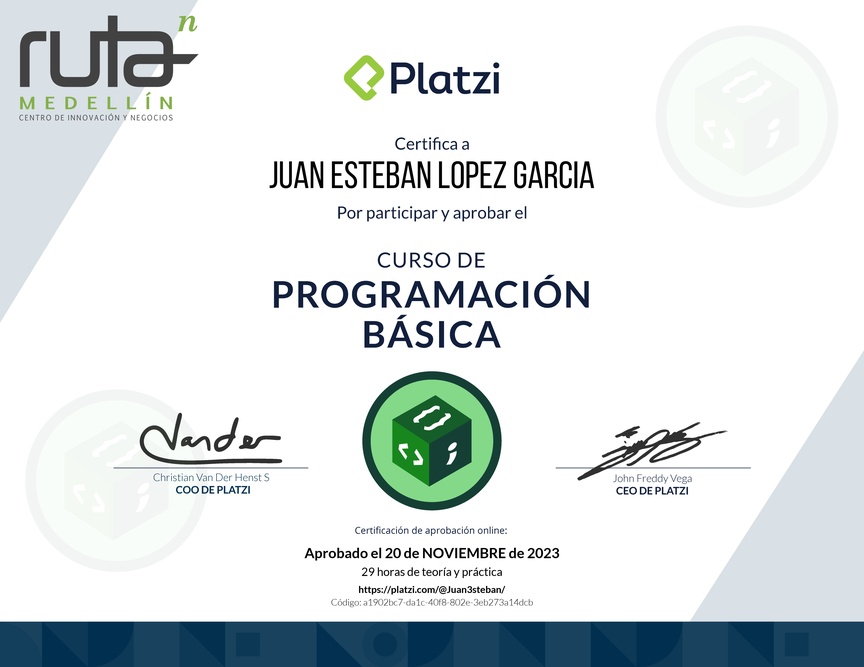 Diploma del Curso Gratis de Programación Básica 2022