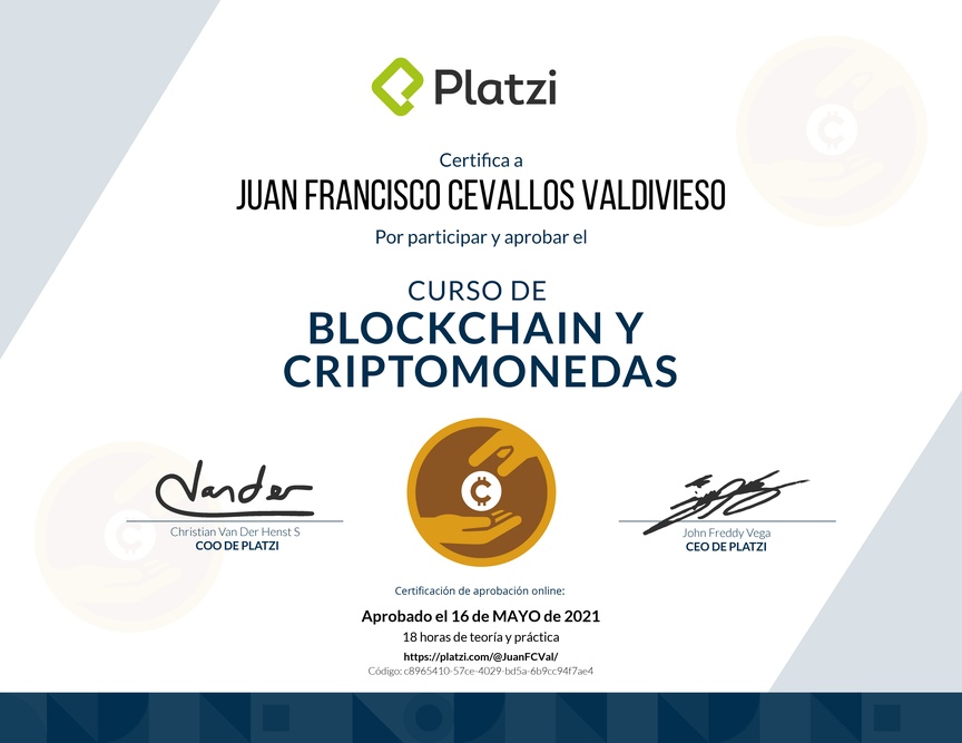 Diploma del Curso de Blockchain y Criptomonedas 2018