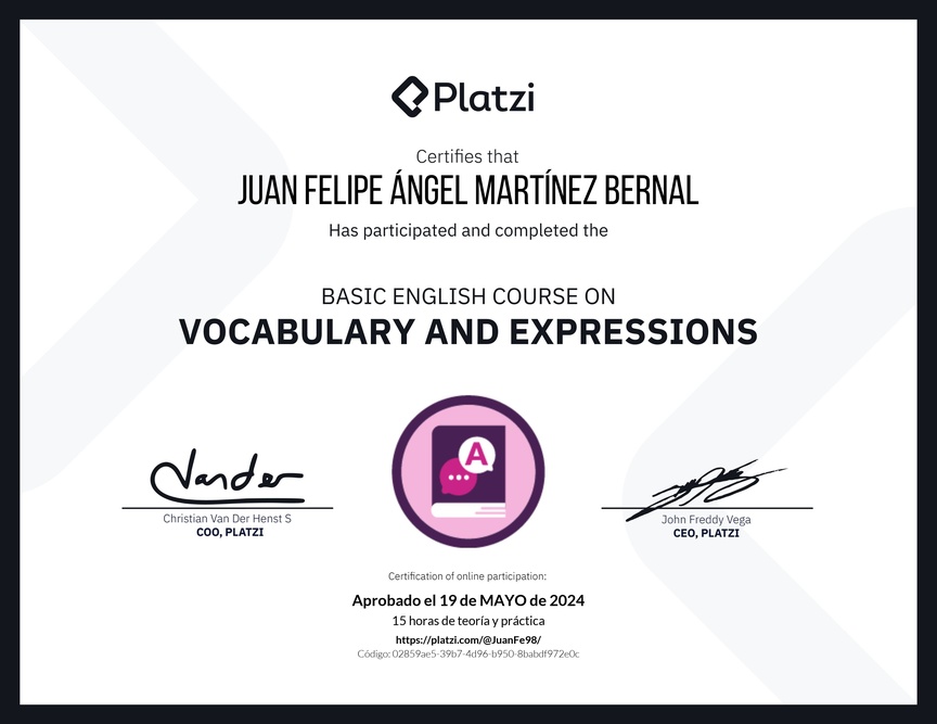 Diploma del Curso Básico de Vocabulario y Expresiones en Inglés
